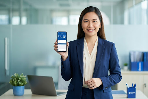 Professional woman holding smartphone with Kevra app